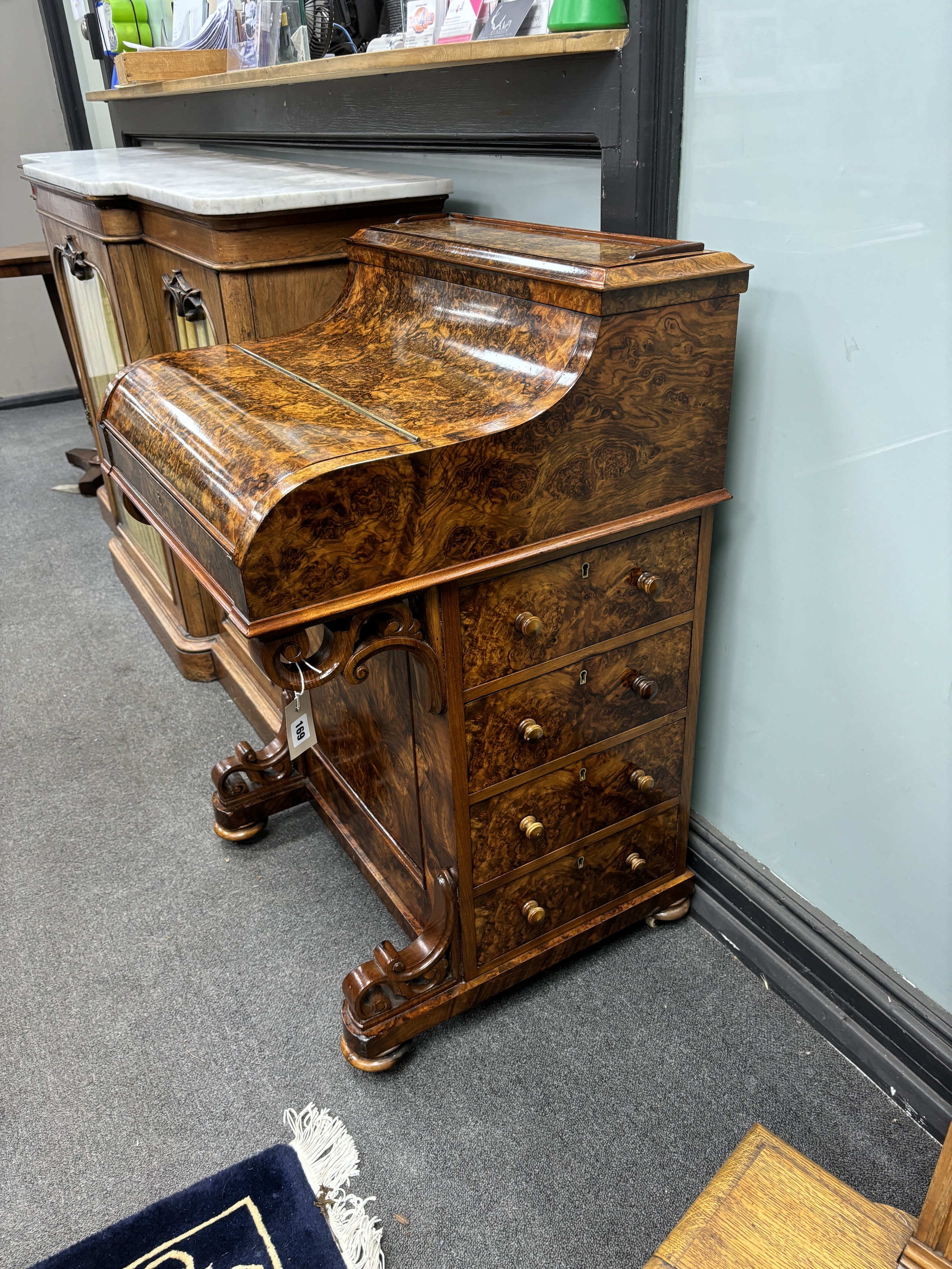 A Victorian burr walnut piano top pop-up Davenport, width 57cm, depth 56cm, height 89cm